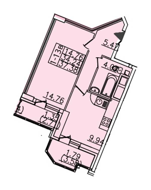 Однокомнатная квартира в : площадь 37.38 м2 , этаж: 19 - 25 – купить в Санкт-Петербурге